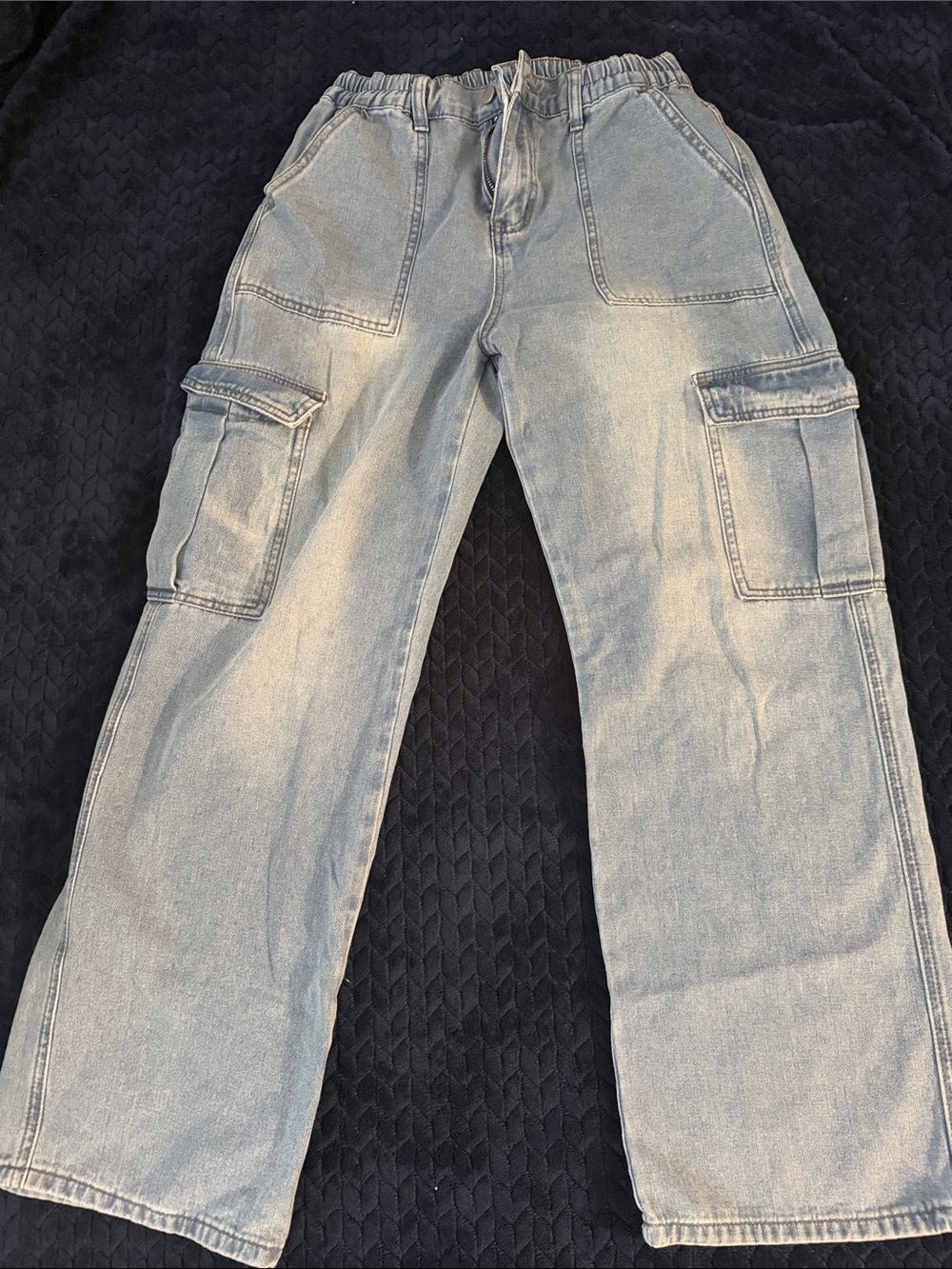 Light Wash Cargo Denim Pants Stretch Waist